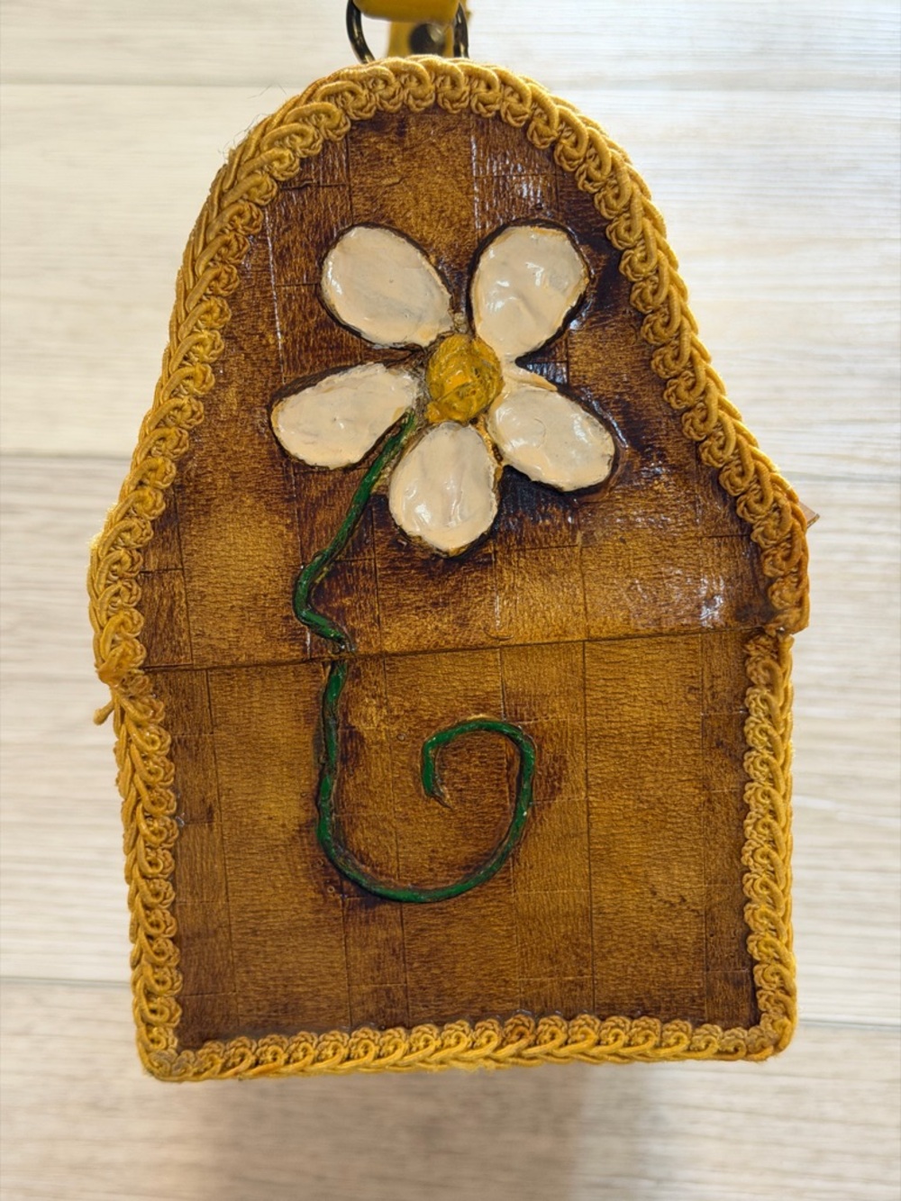 VTG Box Purse Metal Handbag Decoupaged Owl Hand Painted 3D Flowers Yellow Hippie - Picture 8 of 16